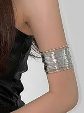 Silver Wide Wire Cuff Chunky Bracelet Open Cuff Arm Layered Boho